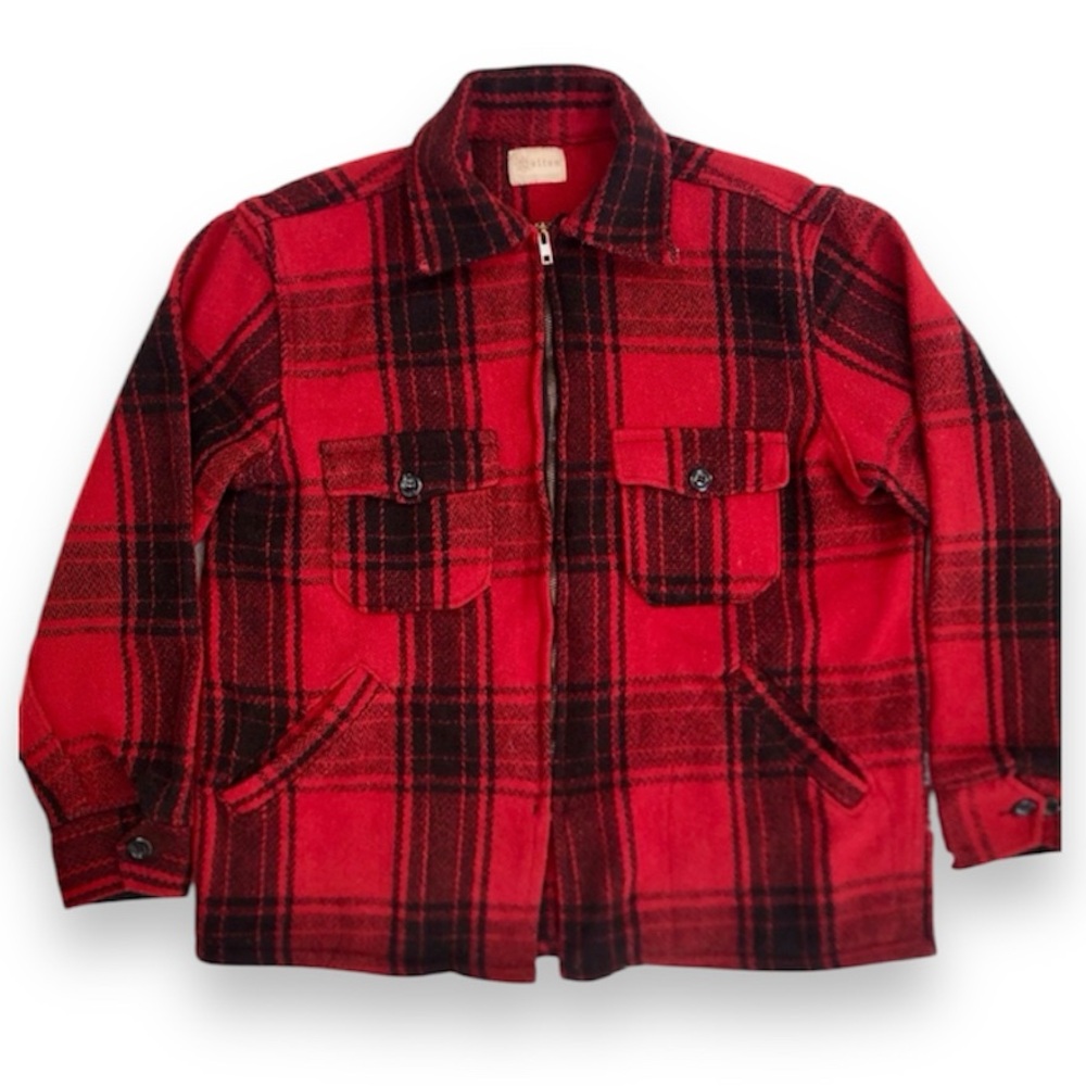 Melton Wintermaster Chore Coat Red Black Buffalo Plaid Wool Knit Jacket Size L?